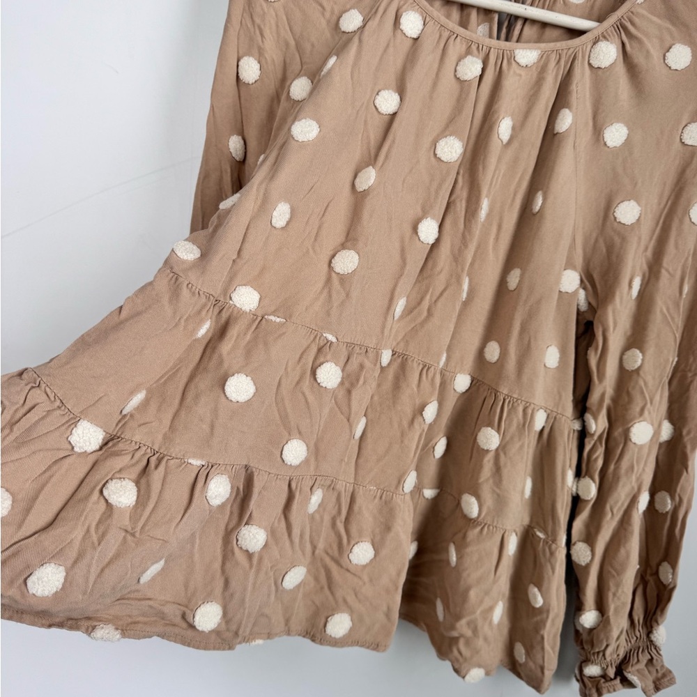 Blu Pepper Kaki & Ivory Polka Dot Round Neck Tie Babydoll Top Size Large - Picture 5 of 10